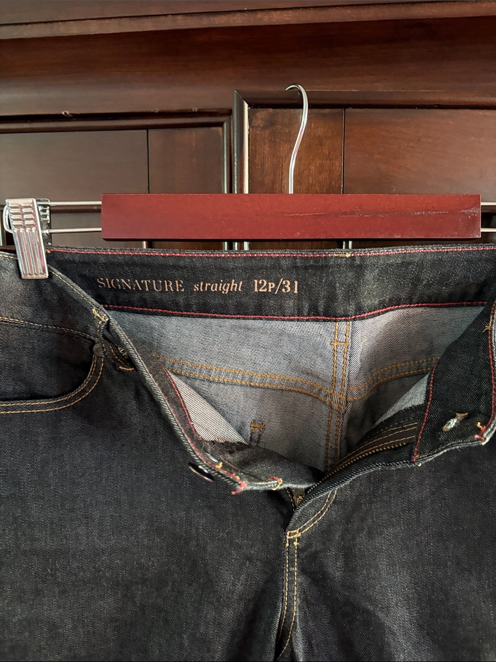 Talbots women’s petite Straight Jeans - Dark Indigo with Red Accents